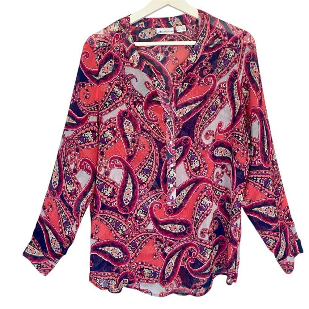 Liz Claiborne Blouse Paisley Semi Sheer Pink Purple Women Size L